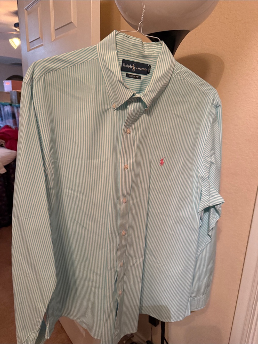 Ralph Lauren Mint Green and White Striped Button-Down Shirt. 17 1/2 Sleeve 34/35